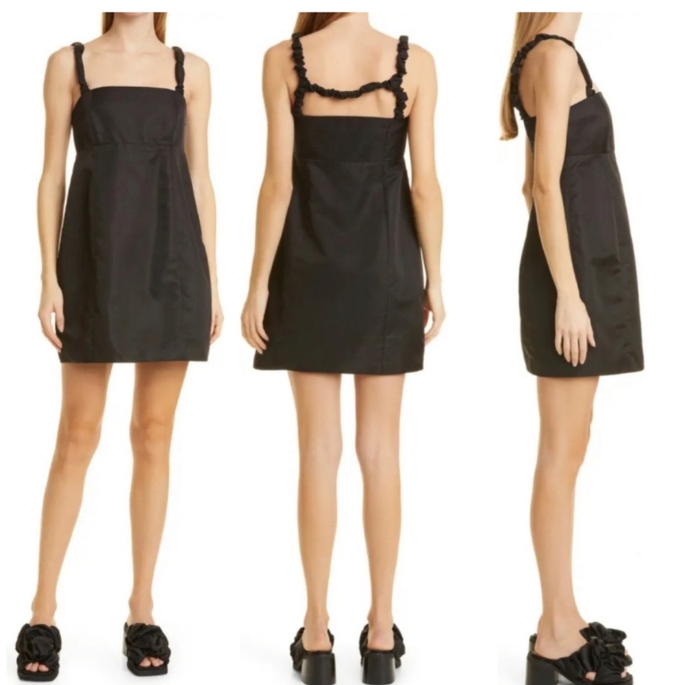 Ganni Black Square-Neck Mini Dress with Twisted Straps
